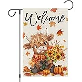 Heyfibro Welcome Fall Highland Cow Garden Flag 12x18 Double Sided Burlap, Autumn Pumpkin Sunflower Yard Flags for Thanksgiving Rustic Seasonal Outside Outdoor Decoration (ONLY FLAG)