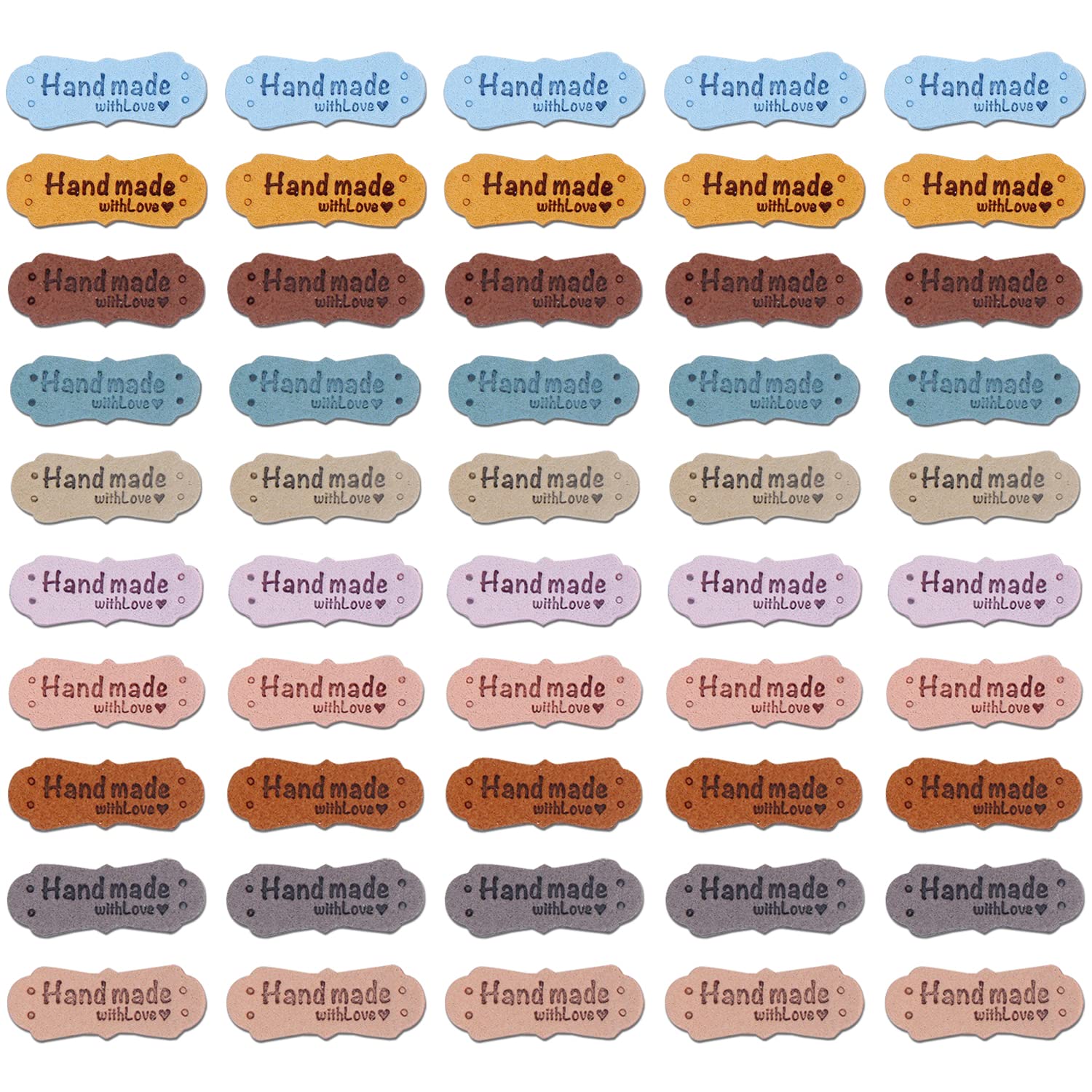 50 Hand-Sewn Labels - Handmade Leather Clothing Fabric Labels, DIY Sewing Decoration Accessories (4.3*1.5cm, 10 Colors)