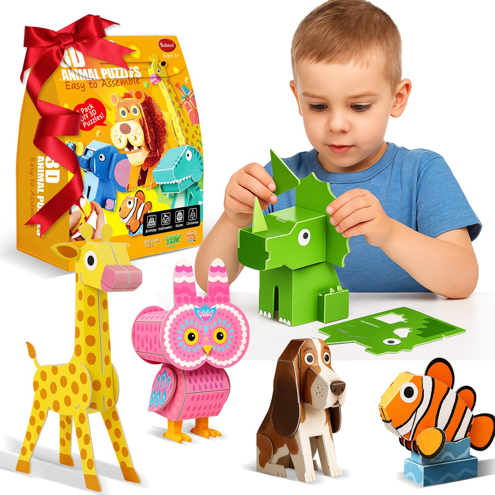 ROHSCE 5 Pack Educational 3D Cartoon Puzzles, DIY Animal Puzzles Educational Foam Board Craft Kit, Easy to Assemble STEM Toys for Boys and Girls, Birthday