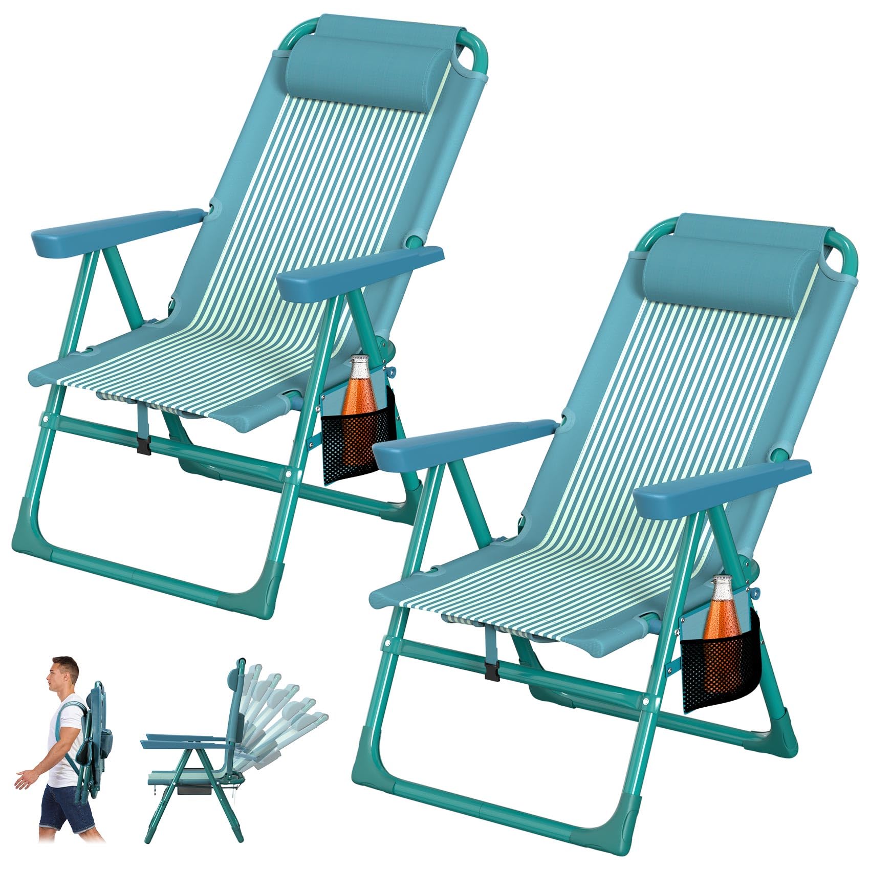 Photo 1 of ***Partial set -missing one***Suteck Backpack Beach Chairs for Adults 2 Pack, 6-Position Folding Reclining Chair with Cooler Bag & Cup Holder, Lightweight Portable Beach Chair for Camping, Outdoor, Sand, Travel Use