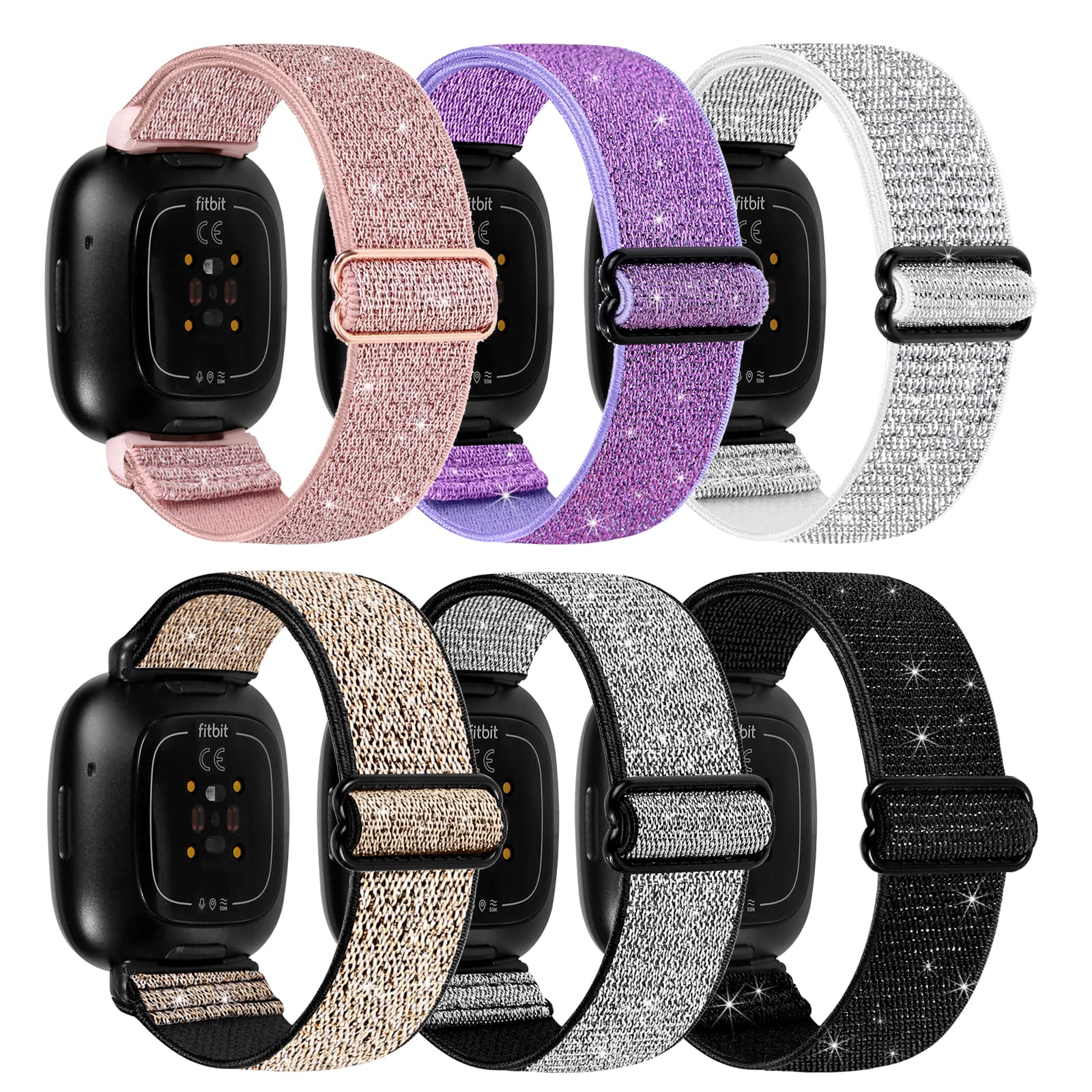 HUYIIO 6-Packs Elastic Nylon Straps Compatible with Fitbit Versa 3 / Sense, Adjustable Nylon Replacement Bands for Fitbit Versa Smart Watch for Women and Men — image 1
