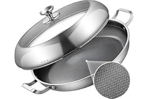 DELARLO Paella Pan With Lid 14 Inch Tri-Ply Large Stainless Steel Nonstick Frying Pan,Induction Skillets,Fast Heating Cookwar