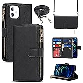 Jaorty for iPhone 12 Mini Phone Case Wallet for Women with Credit Card Holder,Crossbody Case with Strap Shoulder Lanyard, Zipper Pocket PU Leather Cases for iPhone 12 Mini,5.4" Black