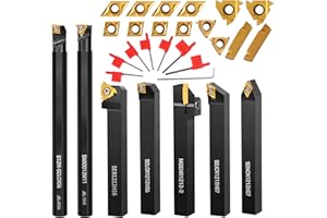 JIOU JIA Metal Lathe Cutting Tools Holder - 1/2" 7 Pieces Indexable Lathe Turning Tool Holder, Carbide Turning Tool Set for Turning Grooving Threading with Tin Coated Carbide Inserts Turning Insert