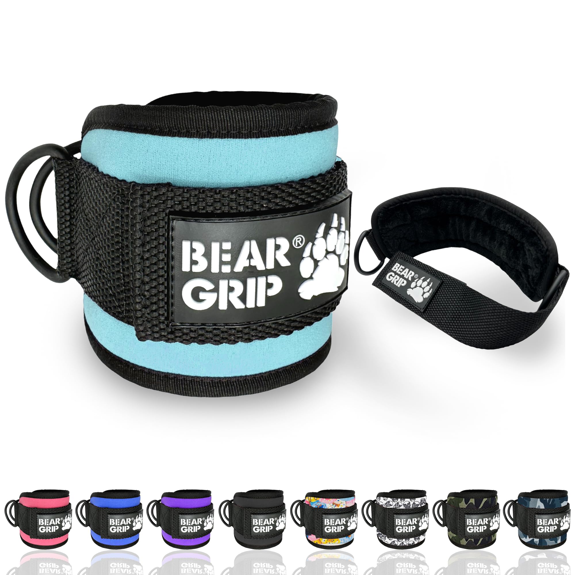 BEAR GRIP - Ankle Straps for Cables with New Fleece Design, Strong Closure, Double Stainless Steel D-Ring, Adjustable Neoprene - For Men & Women (Aqua - Single)