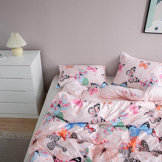 Amazon Com Butterfly Bedding Pink Duvet Cover Set Pink Green Orange Butterflies Printed Design Retro Boys Girls Bedding Sets Queen 1 Duvet Cover 2 Pillowcases Queen Pink Home Kitchen