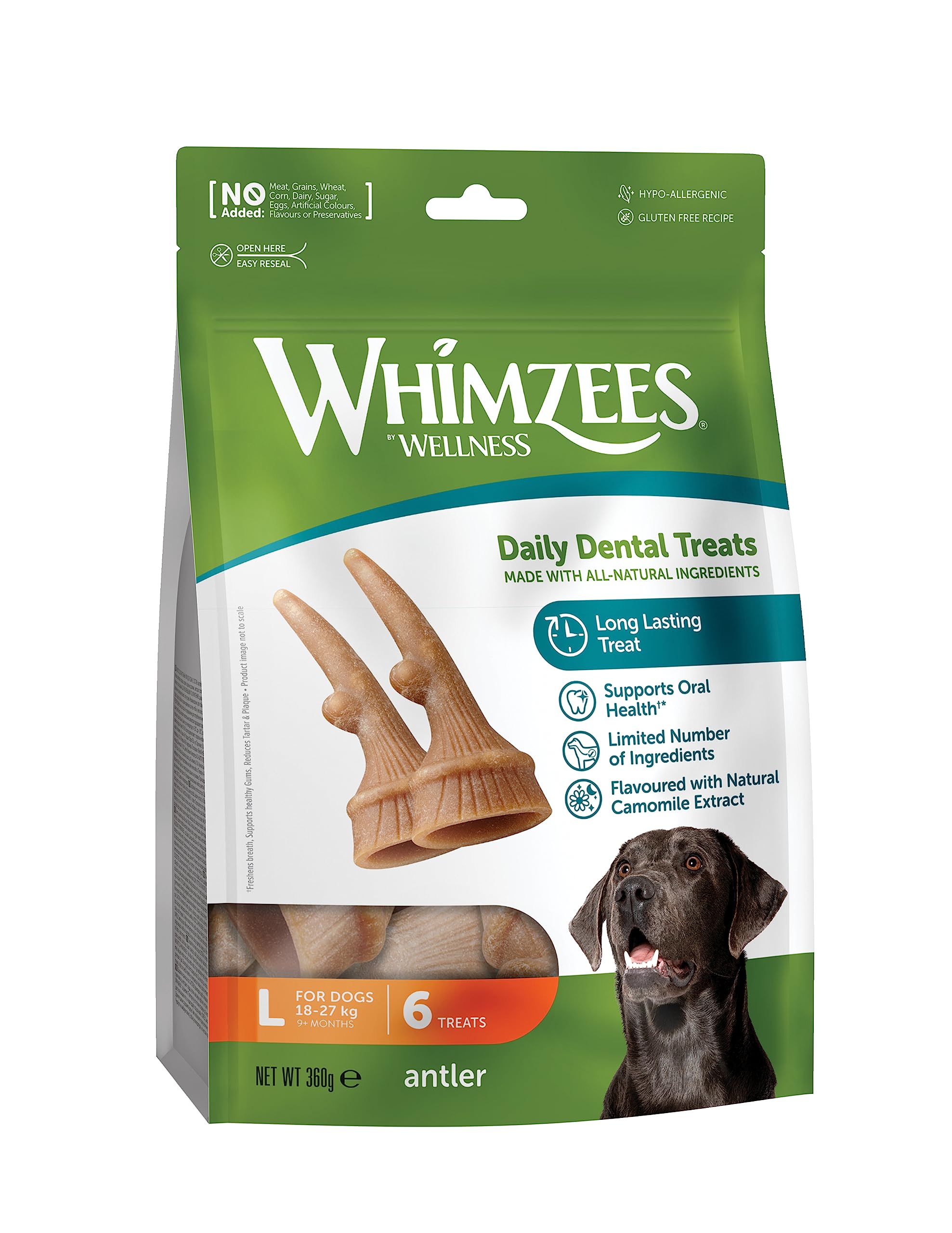 WHIMZEES Antler L, 6 Pieces – Dog Dental Stix, Size L, Dog Dental Sticks for Large Breeds, Natural and Grain Free, Rawhide-Free, Vegetarian, No Added Sugar