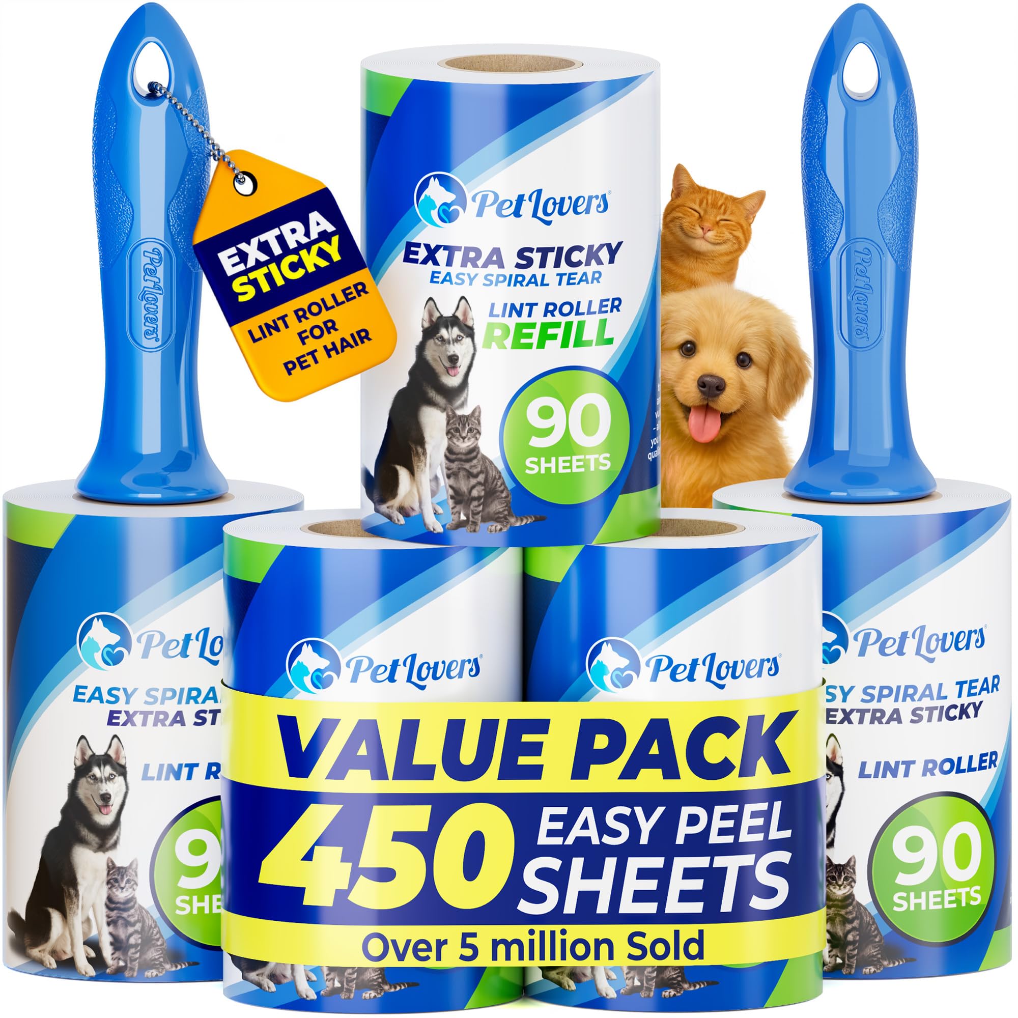 PetLovers Extra Sticky Lint Roller Mega Value Set 450 Sheets for Pet Hair Removal Dog and Cat Lint Remover 5 Pack