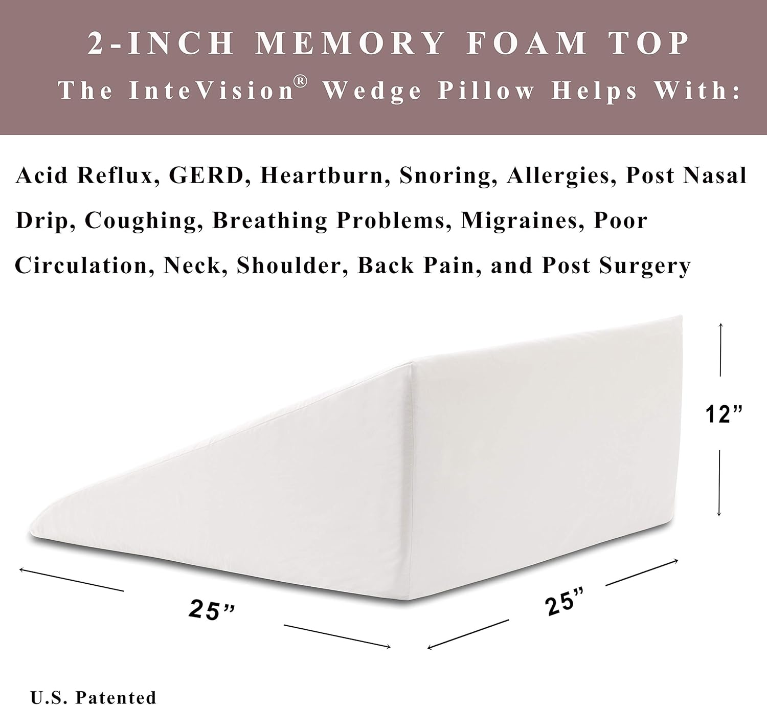 InteVision Foam Bed Wedge Pillow (25" x 25" x 12") + Headrest Pillow in ONE Package - 2" Memory Foam Top - 100% Egyptian Cotton Cover - Helps Relief from Acid Reflux, Post Surgery, Snoring: Home & Kitchen