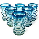 Dos Sueños Hand Blown Mexican Drinking Glasses – Set of 6 Glasses with an Aqua Spiral Design (14 oz each) …