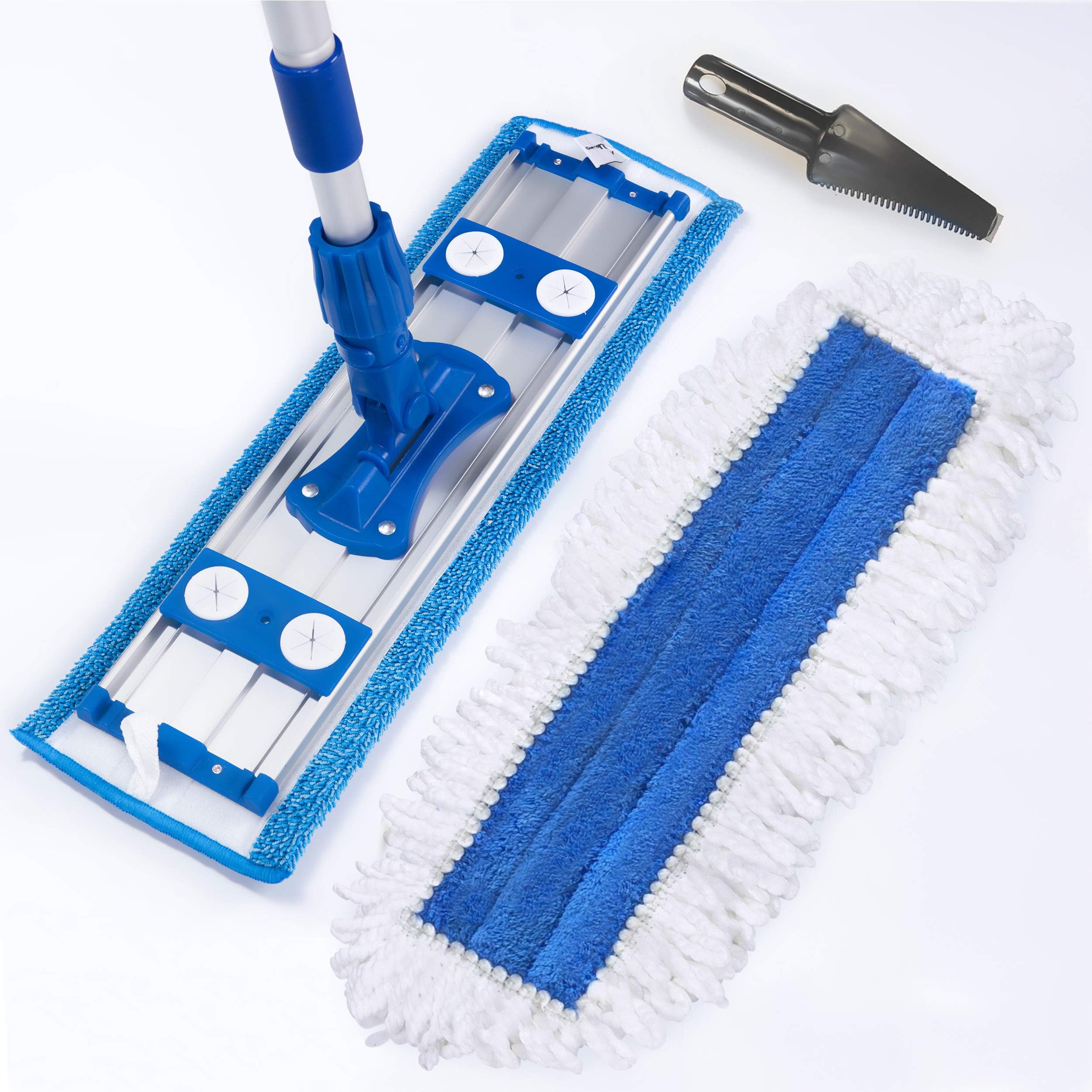 UZULIVING Microfiber Dust Mop with 70โ Telescopic Handle (Extendable) Two Refill Mopping Pad Heads | Long, Lightweight Aluminum Rod | Floor, Kitchen, Bathroom Cleaning (1. Full Set of 18" Mop)