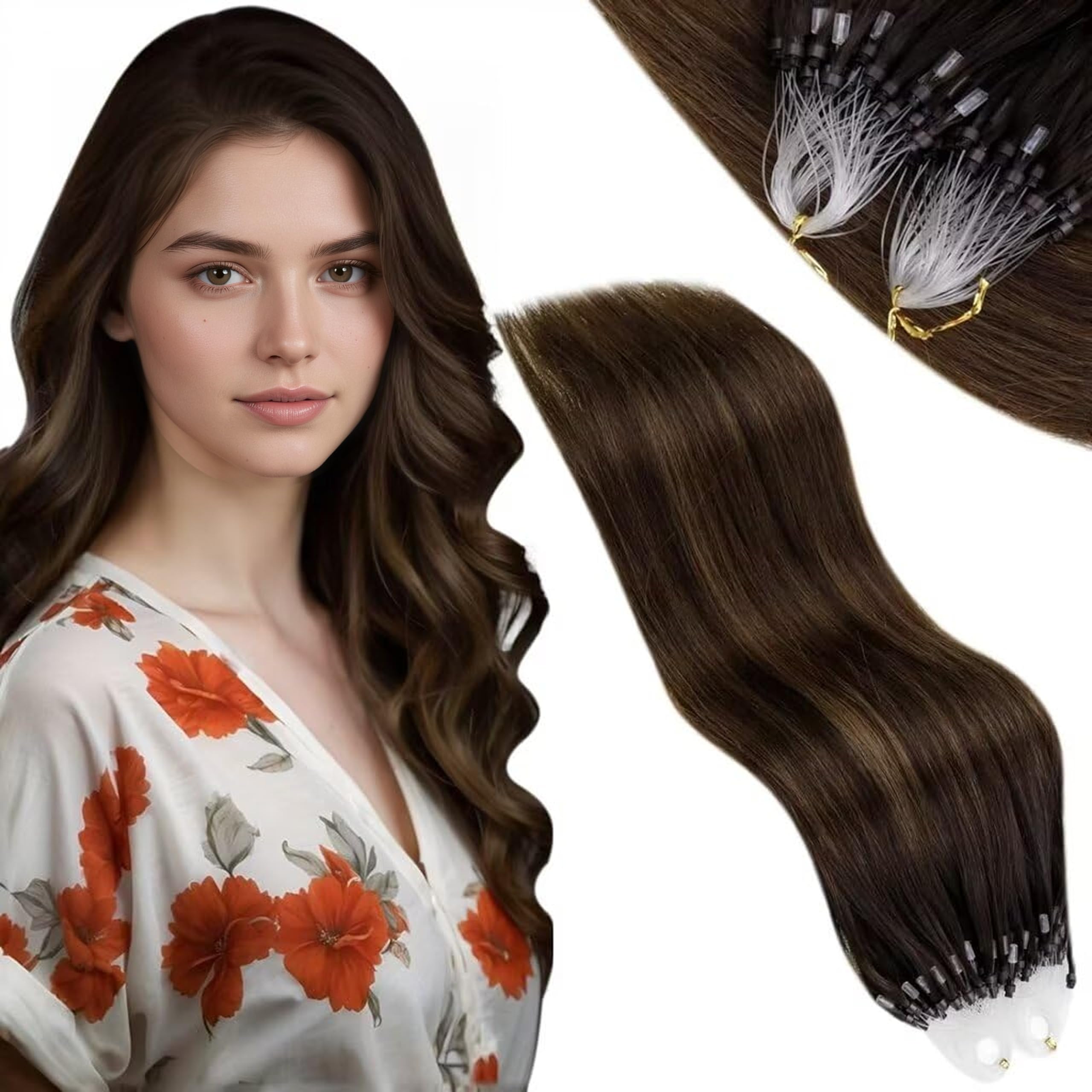 Vivien Micro Hair Extensions Real Human Hair Brown Balayage Micro Beads Hair Extensions Darkest Brown to Light Brown with Medium Brown Micro Ring Human Hair Extensions Cold Fusion 50g 50s #2/8/2 16in โ image 1