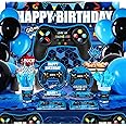 Tatuo 152 Pieces Video Game Birthday Party Supplies Gamer Party Table Cover Happy Birthday Backdrop Banner Tableware Balloons Sets for Boys Men Theme Party Decoration