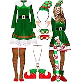 Nuanchu 14 Pcs Women Christmas Elf Costume Set Christmas Velvet Dress Santa's Helper Costume Outfit for Xmas Party Cosplay
