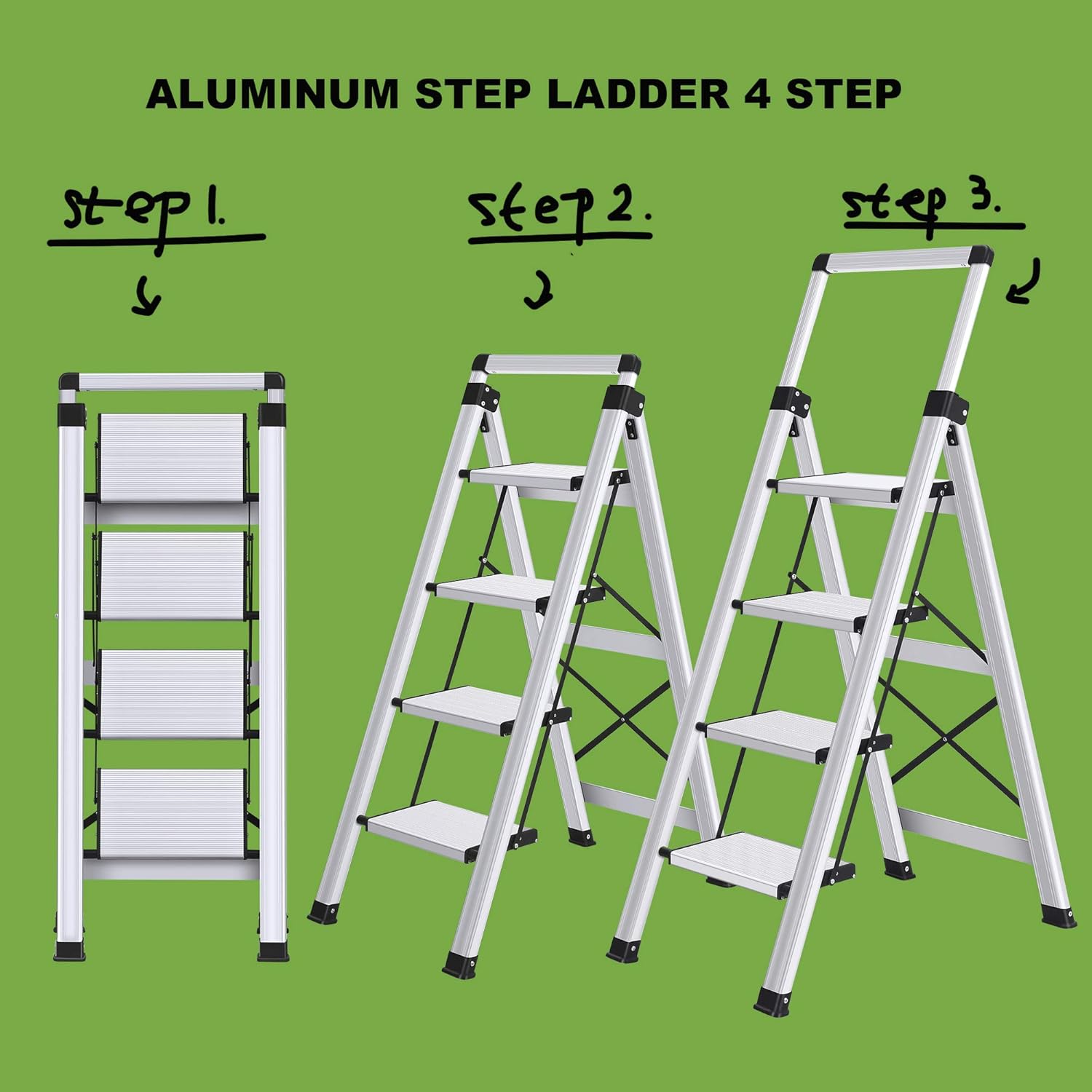 Xinsunho Retractable Handgrip 4 Step Ladder Safety Wide Pedal Step Stool Aluminum 300lbs Capacity Slim Design Ladder - - 