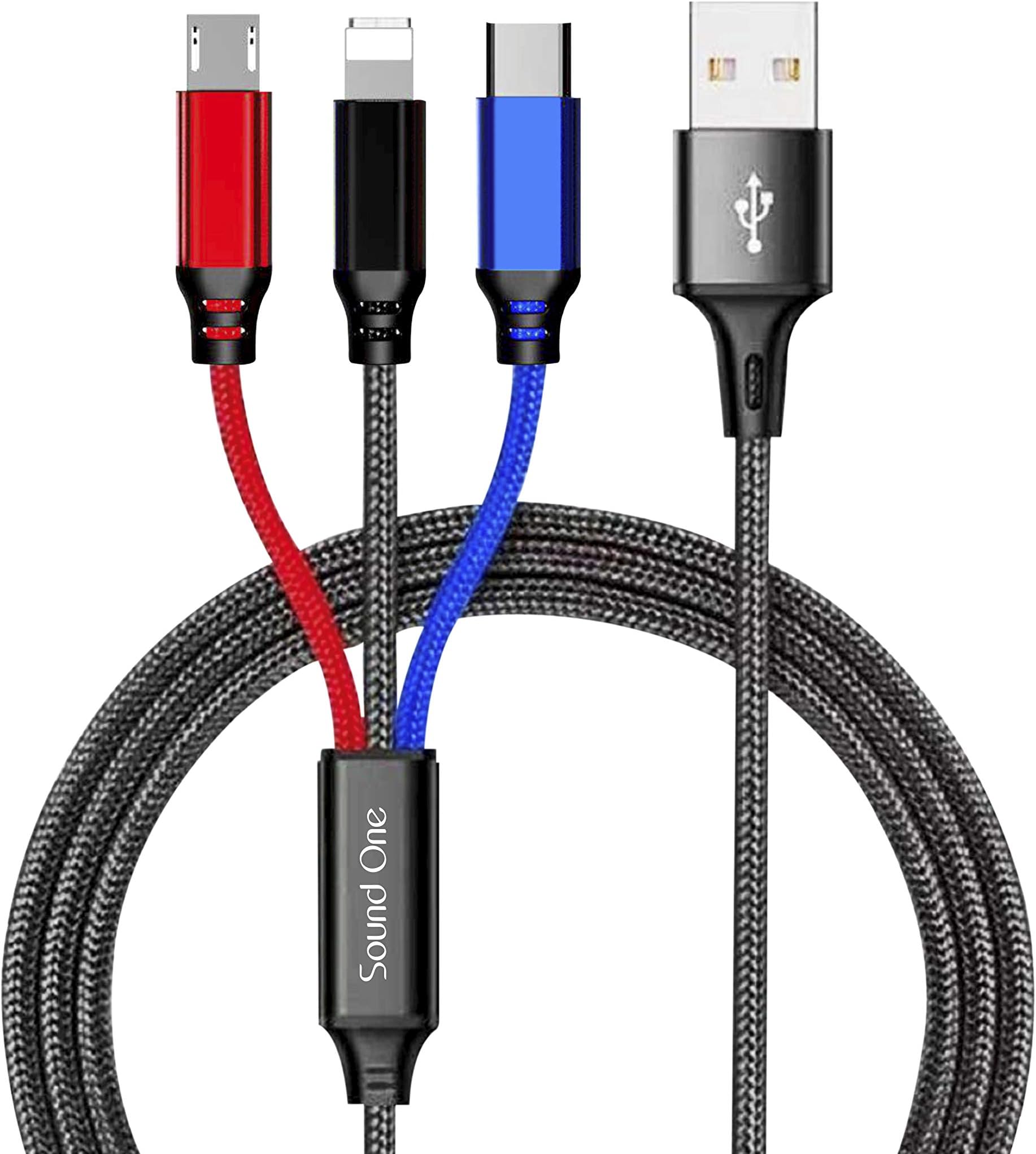 Sound One 2.4 Amp 3 in 1 Nylon Braided Multi USB Charging Cable for Micro USB, iOS & Type-C Devices 3.93 ft. (1.2 M) (Black)