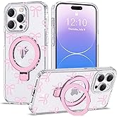 ETPESOK Compatible with iPhone 14 Pro Max Case Bow Pattern with Magnetic Ring Stand [Compatible with Mag-Safe] TPU Protective Phone Case for Women Girl, Clear Pink