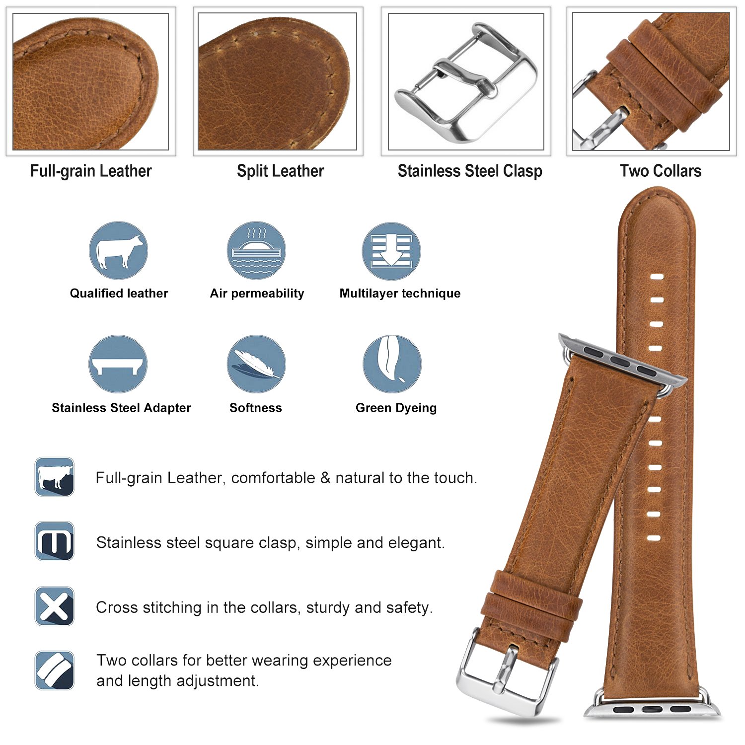 Apple Watch Leather Band, 42mm Vintage Apple Watch Series 3 Band Genuine Leather Replacement Band with Classic Stainless Steel Buckle for All 42mm Apple Watch Series 1 & Series 2 (42mm Brown)