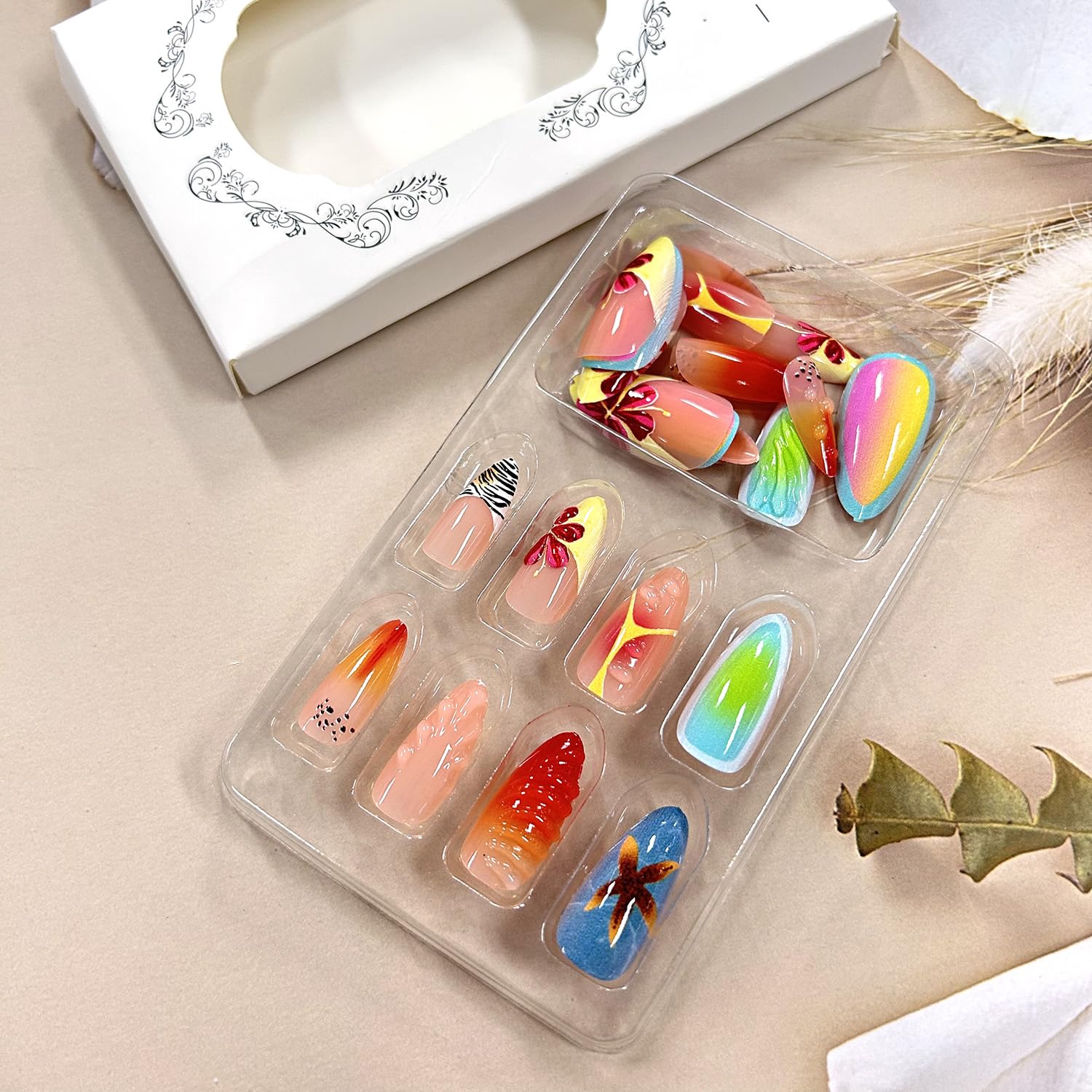 TBRZTR Press on Nails Long Length Almond Gradient False Nails 3D Flower Starfish Design Full Cover Coffin Nails Artificial Stick on Nails French Acrylic Nails DIY Glue on Nails for Women Manicure Kit - Image 4