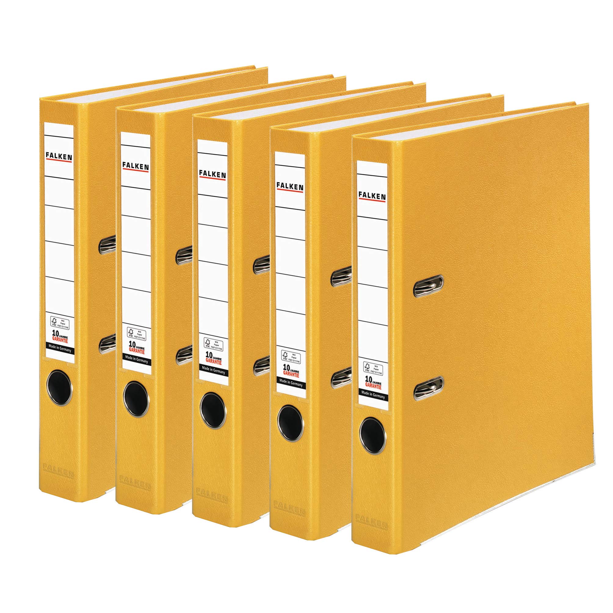 Original Falken 5-pack PP-Color plastic folders. Made in Germany. 5 cm narrow DIN A4 yellow Vegan ring binder File folder Letter folder Office folder Plastic folder Slotted folder