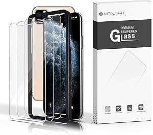 New Self-Installing Design (3 Pack) Monark Screen Protectors Designed for Apple iPhone 11 Pro Max, iPhone XS Max (6.5" 2018) Ultimate HD Clarity 0.33mm Tempered Glass Screen Protectors Easy Installation Alignment Frame Included, and Perfect Fit for Any Case