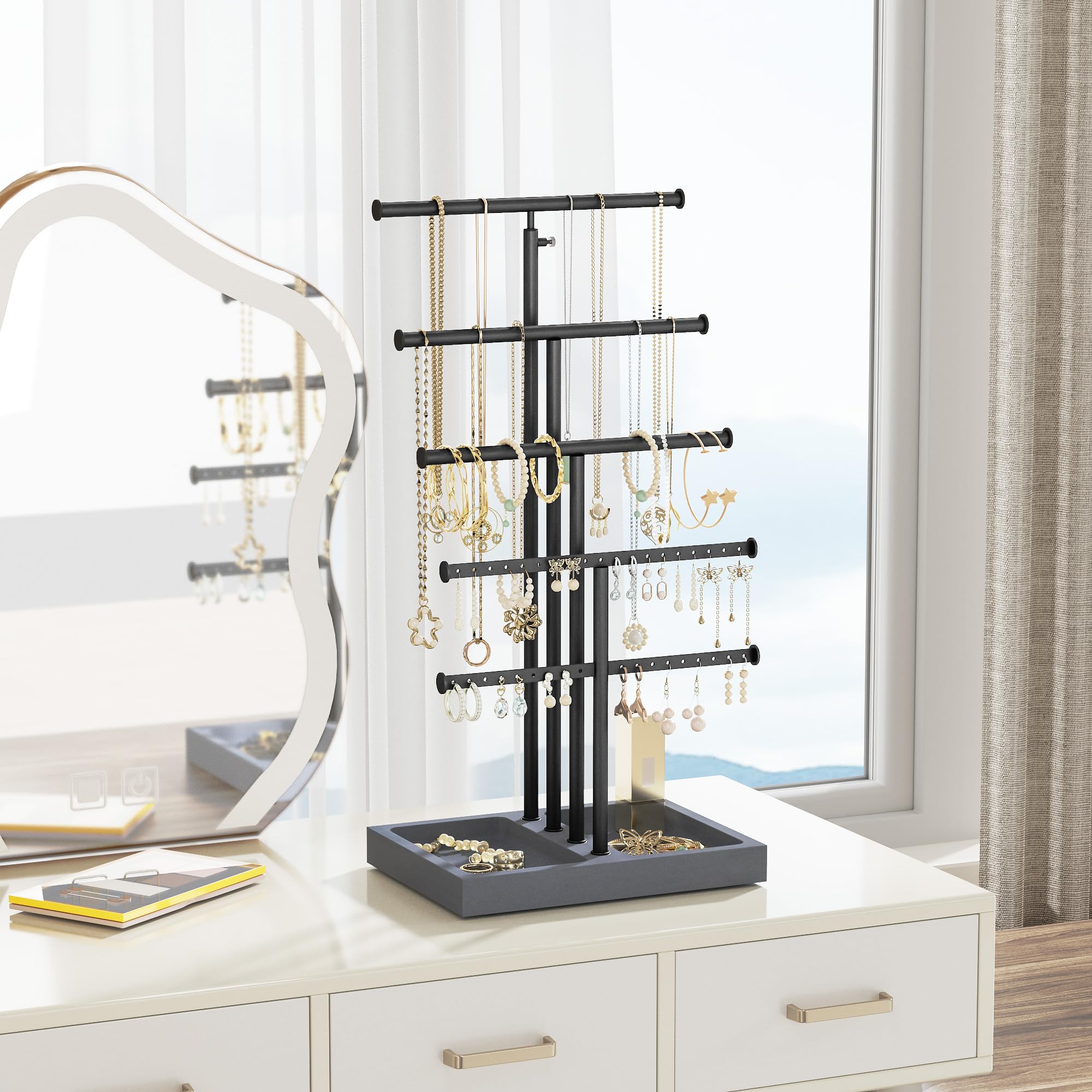 Love-KANKEI Love-KANKEI Jewelry Organizer Stand,5 Tier Large Necklace Holder with Wood Base,Jewelry holder stand Tree for Display,Bracelets Earrings Rings,Height Adjustable Gift Weathered Grey