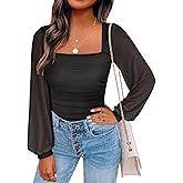 ANRABESS Womens Square Neck Mesh Long Sleeve Tops Double Lined Dressy Business Casual Blouses Shirts 2025 Fall Outfits