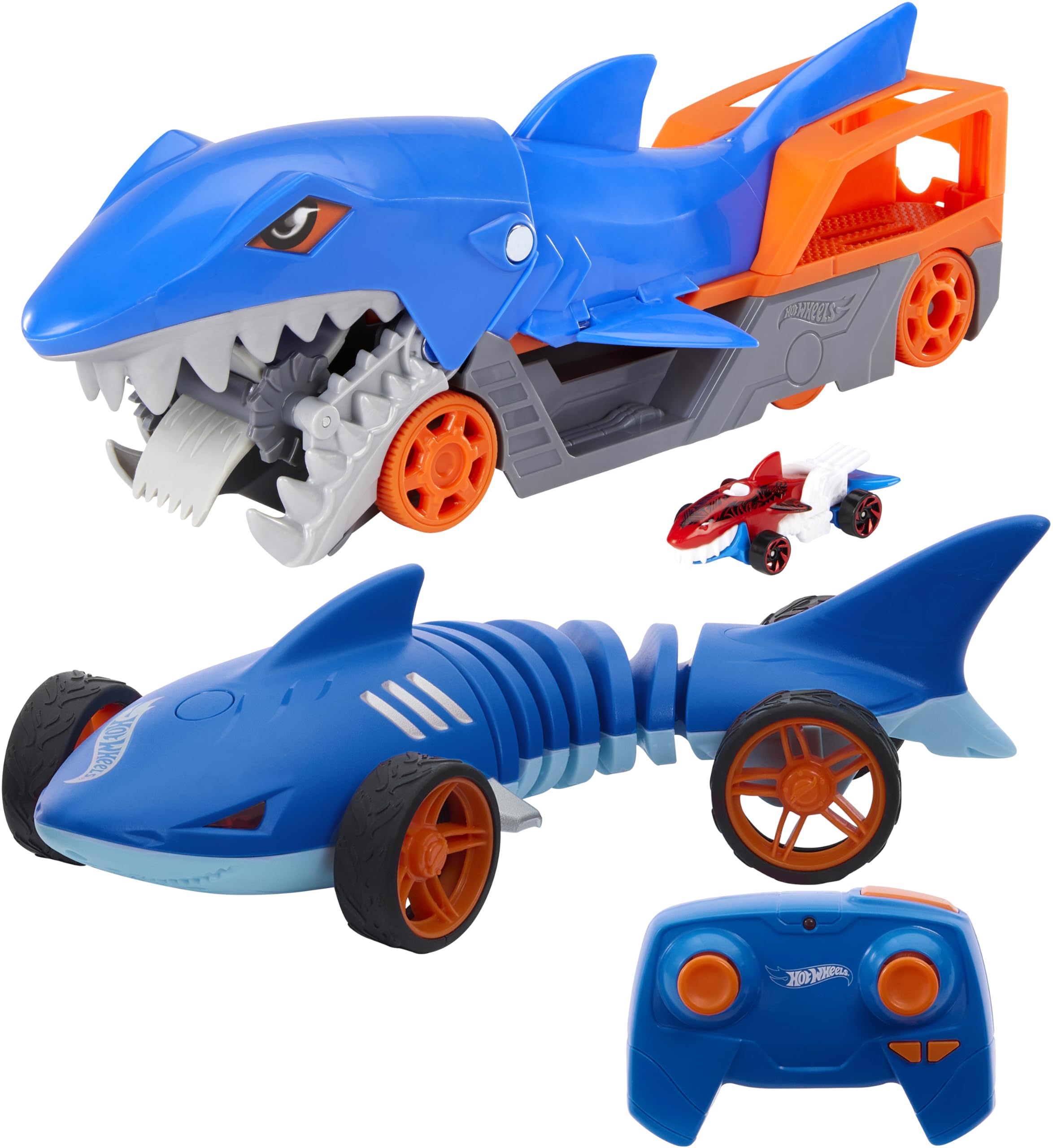 Bundle of Hot Wheels Shark Chomp Transporter & 1:64 Scale Car, Connects to Track & Stores 5 Vehicles + RC 1:15 Scale Shark Speeder, Remote-Control Vehicle That Bends, Turns & Slides, Lights & Sounds