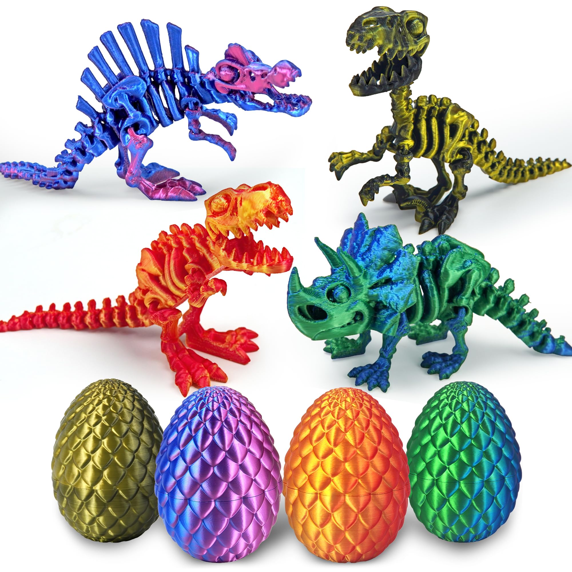 Kyerivs 4PCS 3D Printed Dinosaur Easter Egg, Cool 3D Printer Dinosaur Fidget Toys for Kids, Animals Fidget Dinosaur Eggs, Prefilled Easter Eggs Basket Stuffers Toys for Kids Boys Teen