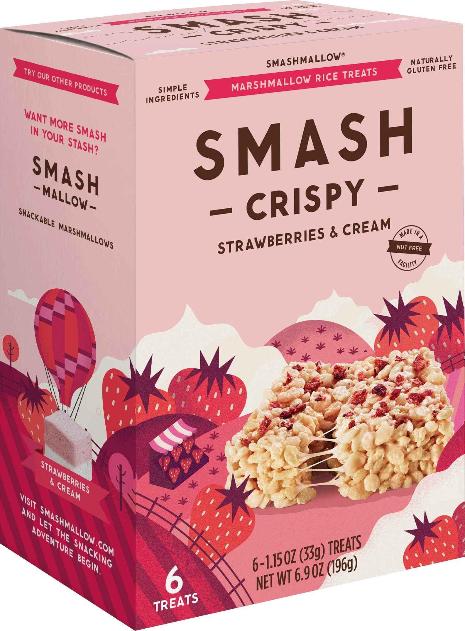 Strawberries & Cream Rice Crispy by SMASHMALLOW | Non GMO | Gluten free | 6 Ct