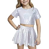 Happy Cherry 2Pcs Girls Dance Set Metallic Crop Tops with Pleated Skirt Kids Short Sleeve Shiny Jazz Disco Outfits 3-13Y