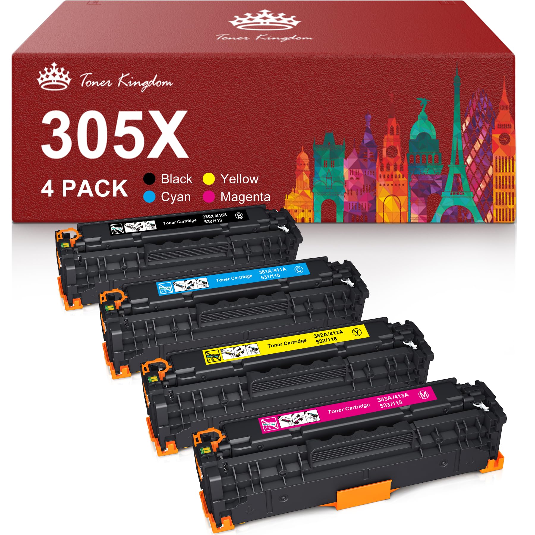 Toner Kingdom 305X Toner Cartridges Remanufactured for HP 305X CE410X 305A CE411A for HP LaserJet Pro 400 color M451dn M451nw M451dw MFP M475dw M475dn M375nw M351a (Black Cyan Yellow Magenta, 4-Pack)