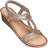 SHIBEVER Womens Wedge Sandals Flower Low Heel Dressy Sandals Elastic Ankle Strap Rhinestone Summer Comfortable Shoes