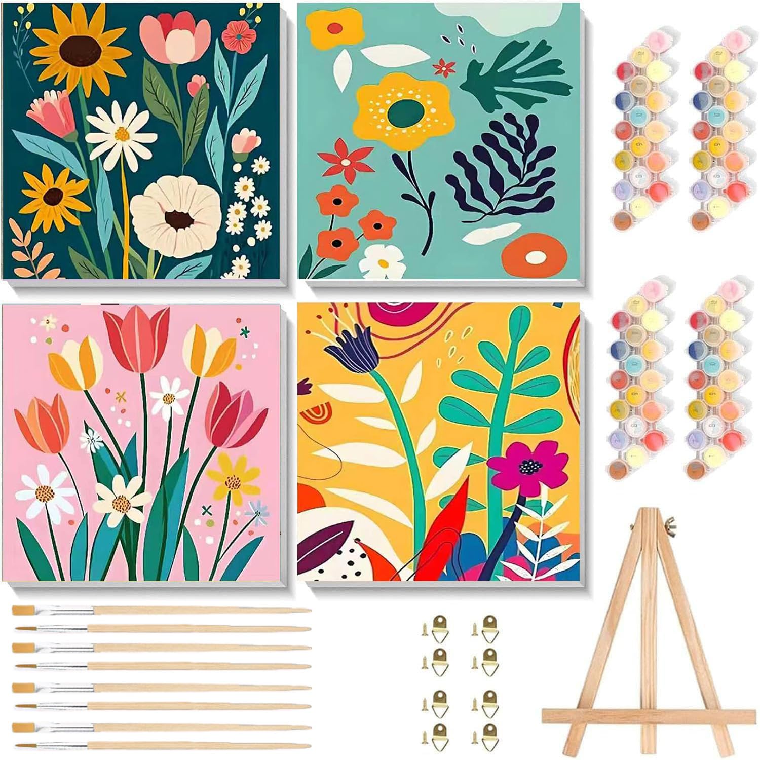 WEMEON 4 Pack Paint by Numbers Kit for Children with Framed and Easel- Easy Paint by Number for Kids and Beginners, Simple Painting Kits for Kids for Gift Home Wall Decor(8x8Inch)