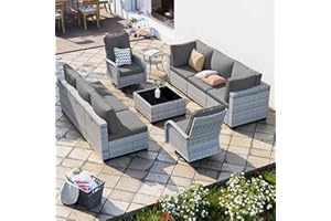 SWEECCI 10-Piece Patio Furniture Set, Outdoor Patio Furniture with Swivel Chairs Set, Thick Cushions, Modular Patio Sofa, Dual-Strand Wicker Rattan, Rust-Resistant Frame, Grey