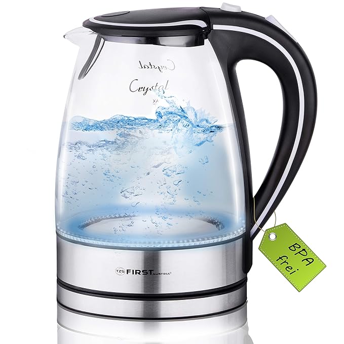 TZS First Austria - 2200 Watt 1,7 Liter Glaswasserkocher mit Kalkfilter blaue LED Beleuchtung innen, 360 Grad drehbar, kabell