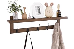 SMIBUY Coat Hooks with Shelf Wall-Mounted, 74 cm Entryway Coat Rack for Wall, Bamboo Hanging Shelf with 5 Double Metal Hooks 