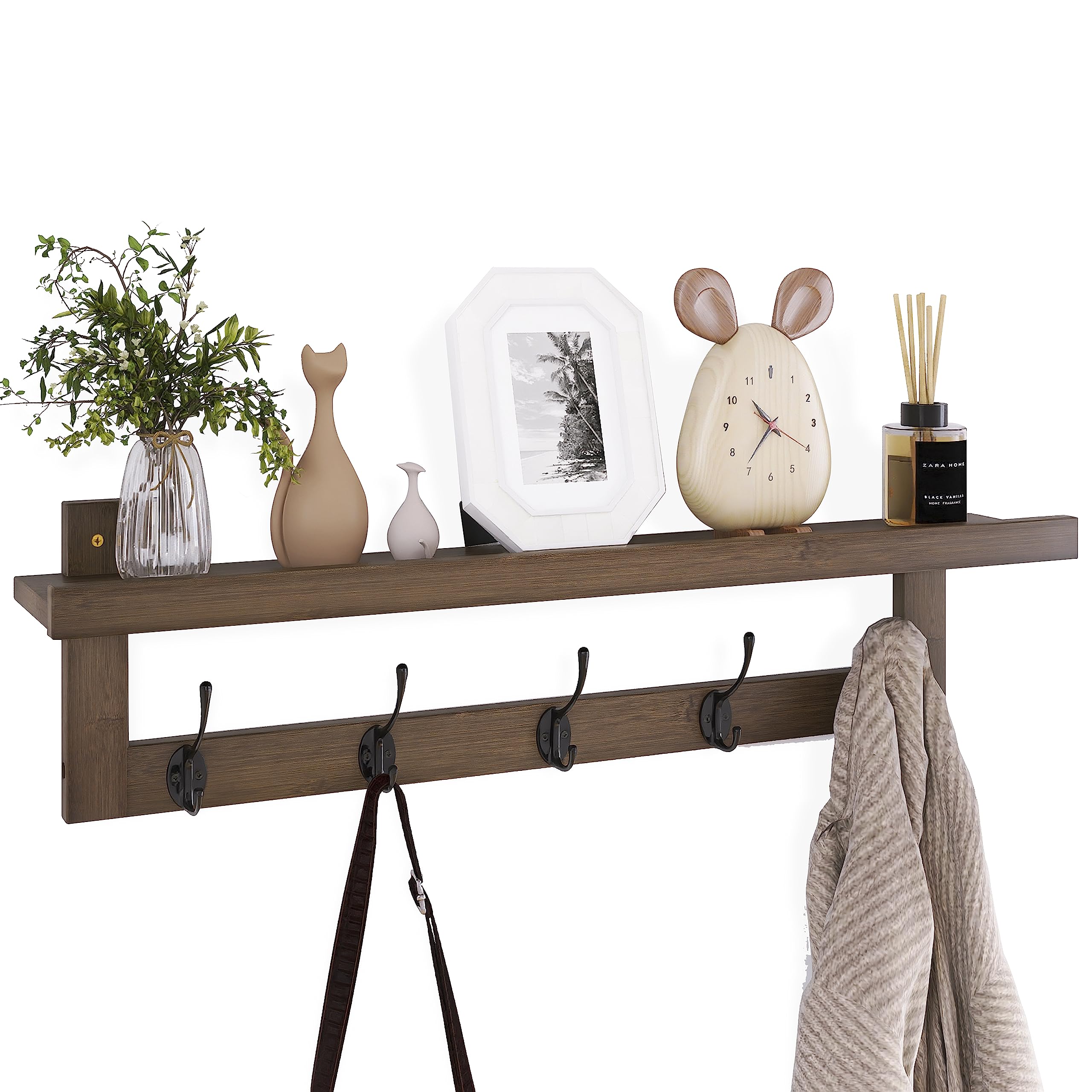 SMIBUY Coat Hooks with Shelf Wall-Mounted, 74 cm Entryway Coat Rack for Wall, Bamboo Hanging Shelf with 5 Double Metal Hooks for Bathroom, Bedroom, Kitchen, Living Room, Mudroom (Walnut) — image 1
