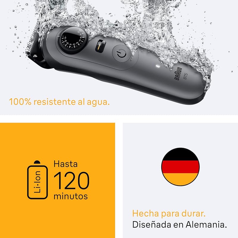 Braun Beard Trimmer Series 5 BT5525, Barbeiro recarregável resistente à água, +5 acessórios de barbear, 120 min de autonomia, 40 comprimentos, lâmina ultra afiada, cinza