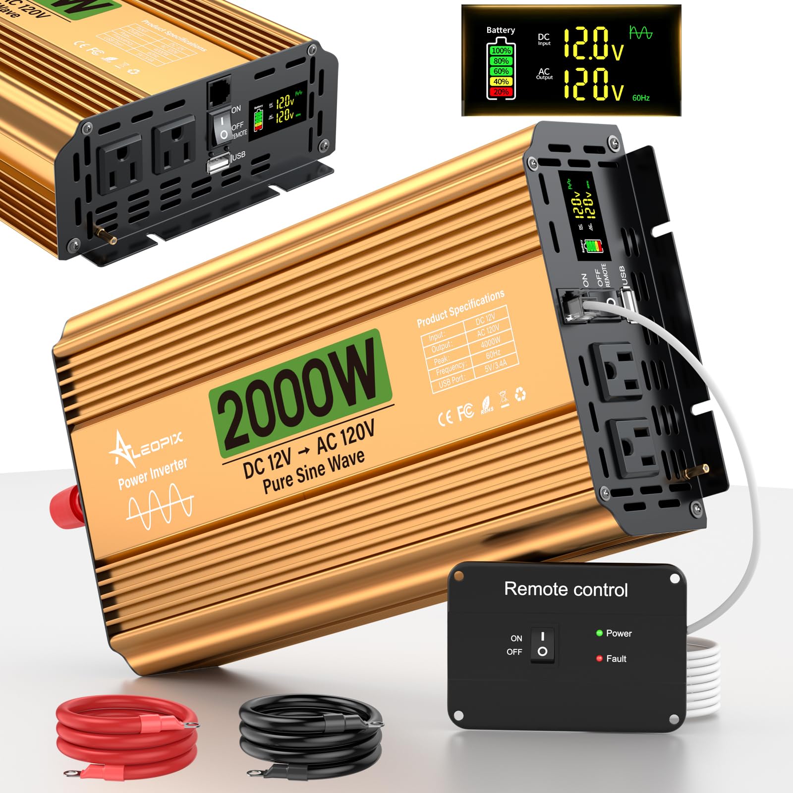 Photo 1 of 2000 Watt Inverter 12V DC to 110V/120V AC, Pure Sine Wave Inverter for Truck/RV/Home/Solar/Off-Grid, Surge 4000W Pure Sine Power with 2 AC Sockets, 5V 3.4A USB, Digital Display, Remote Controller