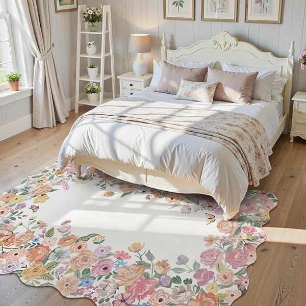 WONNITAR WASHABLE 3X5 BEDROOM RUG, SOFT CAMELLIA FLORAL AREA RUGS FOR LIVING ROOM, NON SLIP BOHO FLOWER NURSERY RUG SCALLOPED THROW CARPET FOR KIDS ROOM BEDSIDE ENTRYWAY LAUNDRY ROOM (BEIGE,3’X5′)