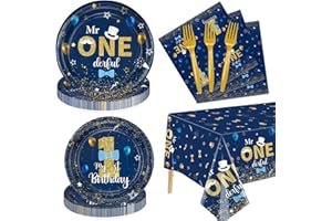 XJLANTTE Mr Onederful Birthday Decorations - Blue Gold Birthday Plates, Napkins, and Tablecloth First Birthday Decorations Tableware for Baby Shower 1st Birthday Boy Decorations, Serve 20 Guests