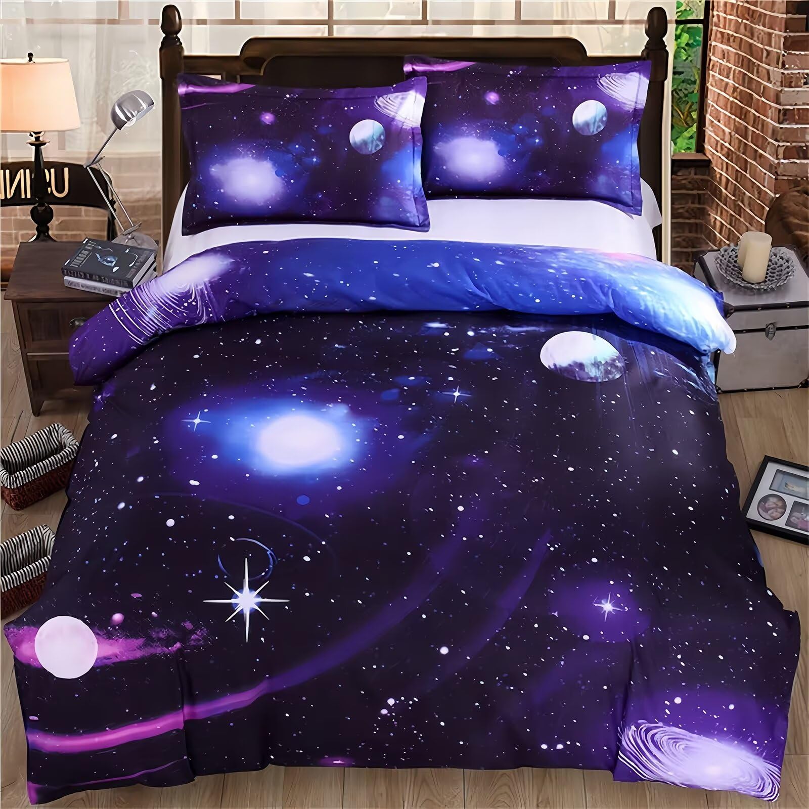 Tabeskly Kids Boy purple star space Bedding Duvet Cover Set Double, Starry Sky Soft Zipper Childrens Girls Full Bed 3 Piece Quilt Covers and Pillowcases Mildly Cosy Budget Bedclothes 200×200cm