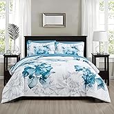 Sunshine Nicole Soft Brushed Microfiber Comforter Set, 7 Pieces Queen, with Light Weight Soft Poly Fill, Printed Teal Grey Big Florals Face with Print Reverse