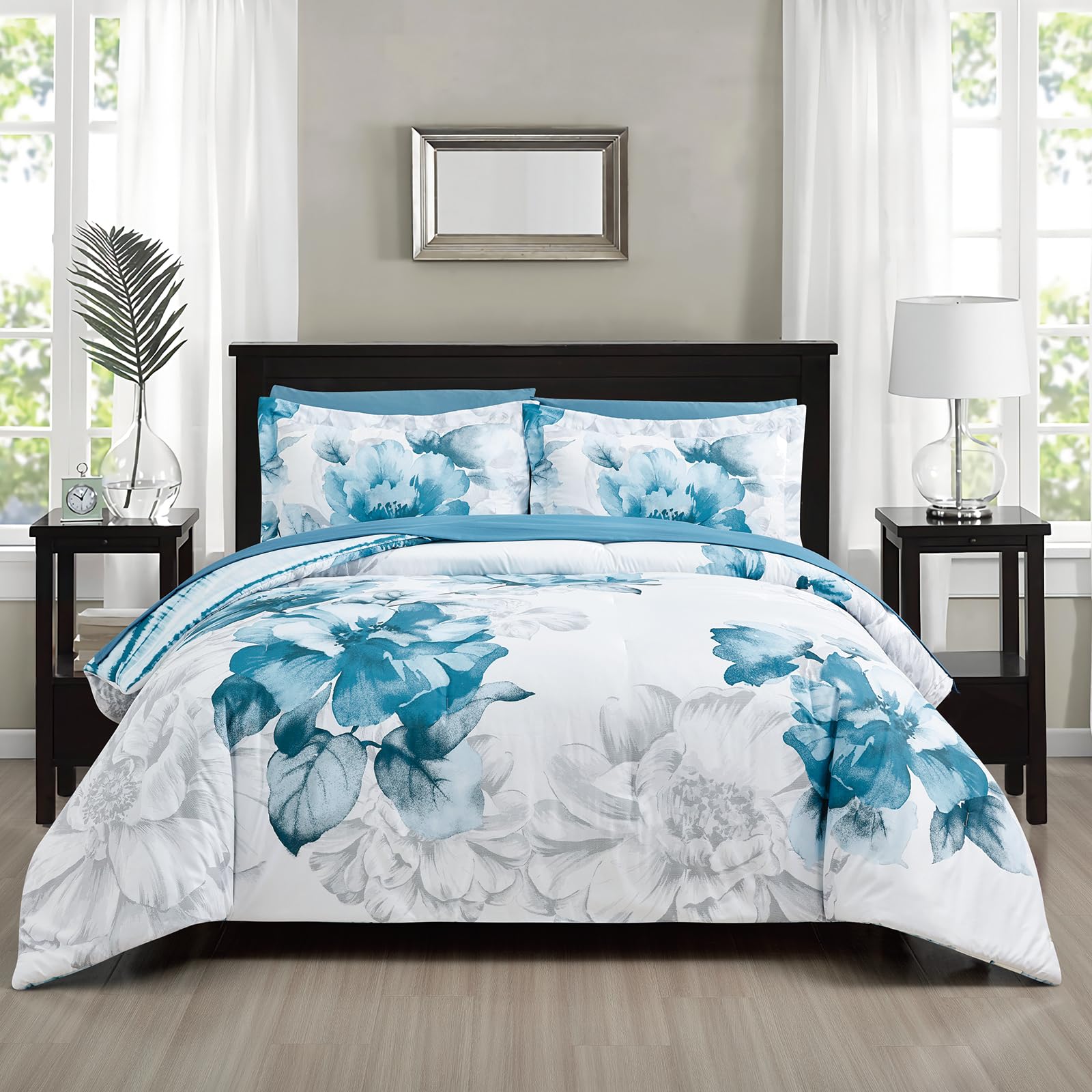 Photo 1 of ****************MISSING ALL EXCEPT COMFORTER*******************
Sunshine Nicole Soft Brushed Microfiber Comforter Set, 7 Pieces King, with Light Weight Soft Poly Fill, Printed Teal Grey Big Florals Face with Print Reverse
