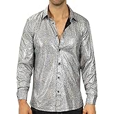 WULFUL Men Dress Shirt Sequins Long Sleeve Button Down Shirt Luxury Disco Party Nightclub Christmas Prom Costume