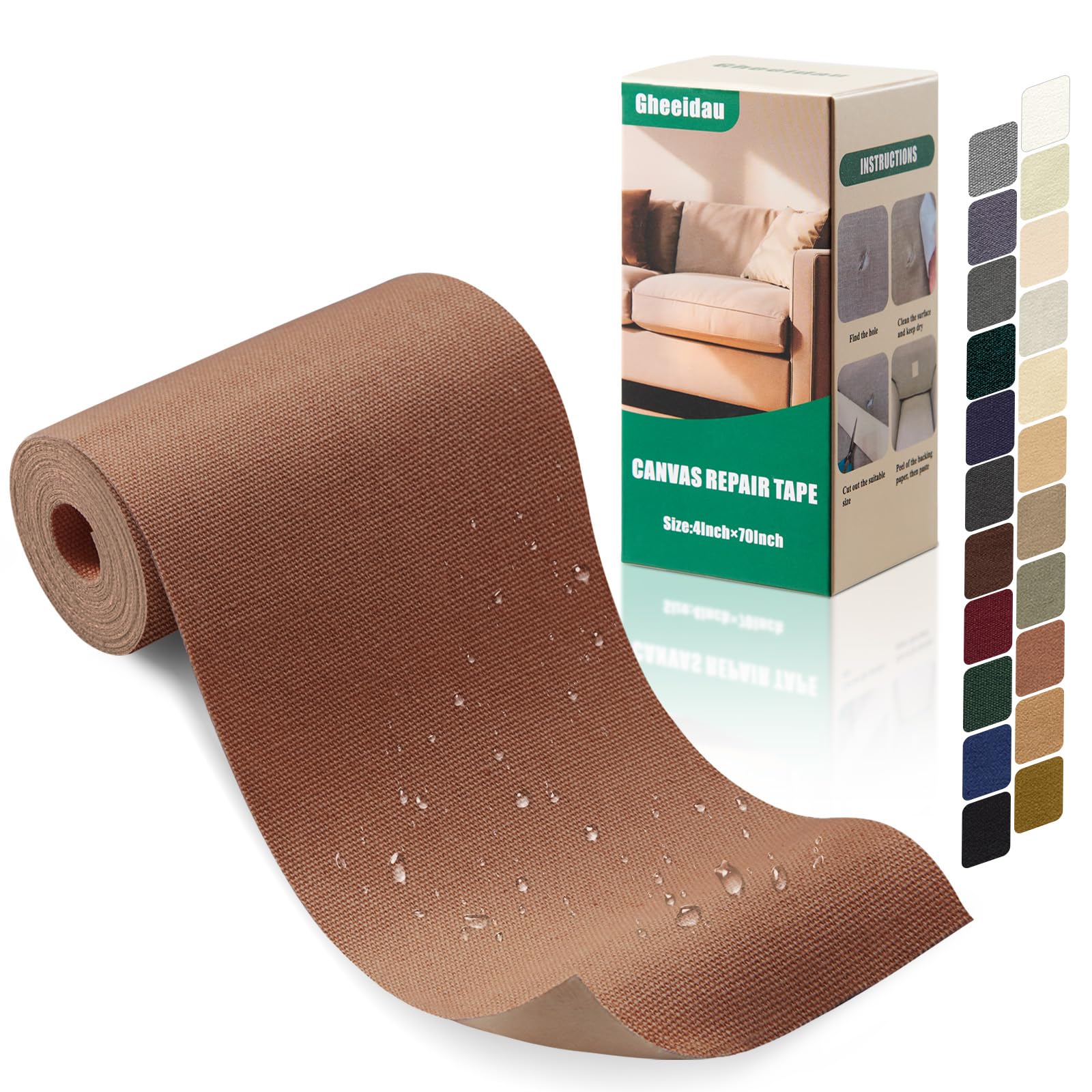 Photo 1 of Gheeidau Canvas Repair Tape 4×70 Inch Waterproof Self-Adhesive Fabric Repair Patch for Repairing Boat Covers,Tents,Patio Umbrellas,Car Seats,Luggage,Sofas.(Brown)