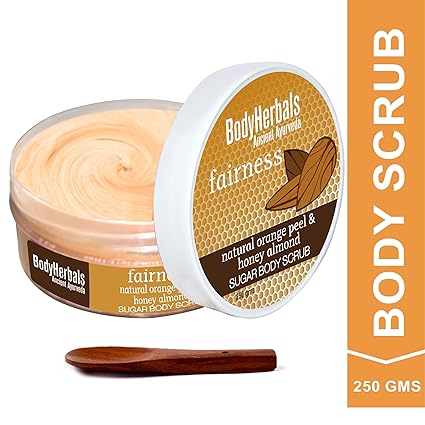 BodyHerbals Fairness & De-Tan Orange Peel Honey Almond Sugar Body Scrub |Paraben & SLS Free (250gms)