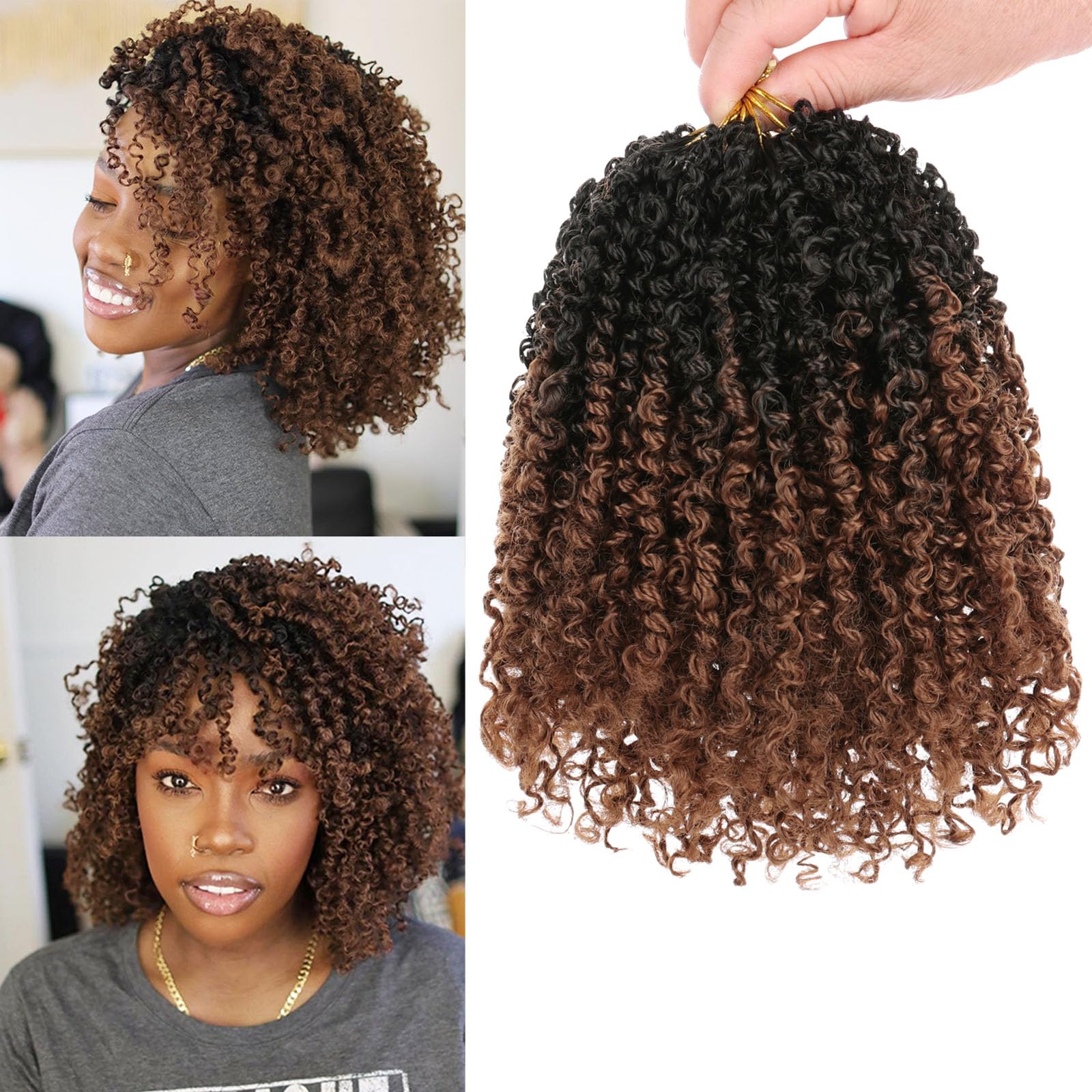 Samtress 8 Packs Pre Looped Yanky Twists Crochet Hair Ombre Brown Passion Twist Braiding Hair 8 Inch Bouncy Spring Twist Hair Short Pre-twisted Mini Curly Twist Crochet Braids Hair Extensions (1B/30) — image 1