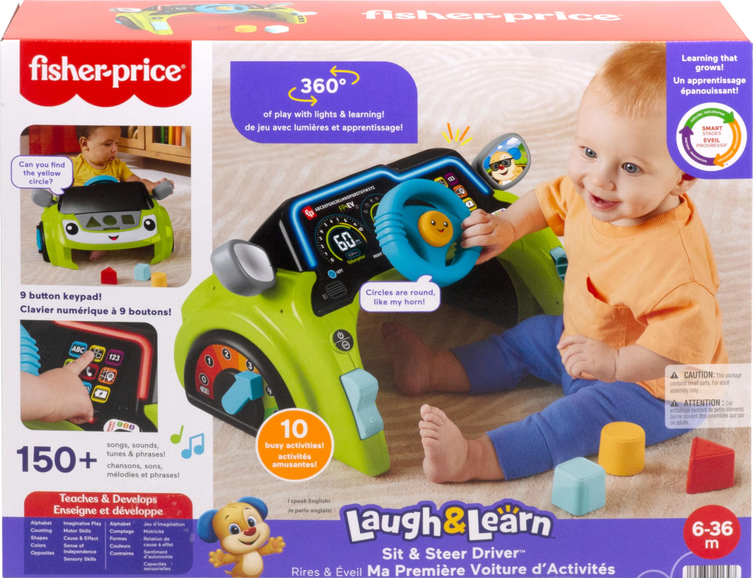 Fisher-Price Baby & Toddler Learning Toy Laugh & Learn Sit & Steer Driver Car Activity Center with Smart Stages for Ages 6+ Months